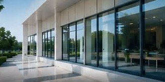 The exterior of a modern commercial building with glass frontage